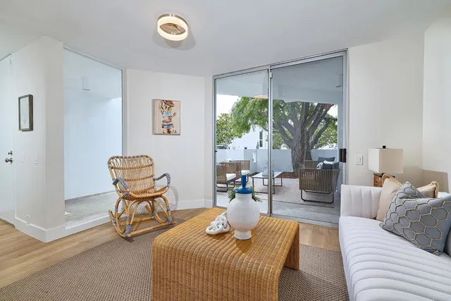 a living room with furniture and a potted plant