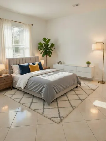 a bedroom with a bed and a potted plant