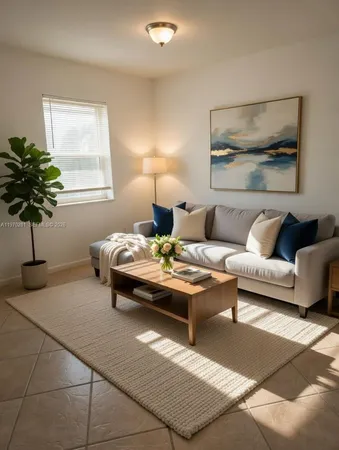 a living room with furniture and a potted plant