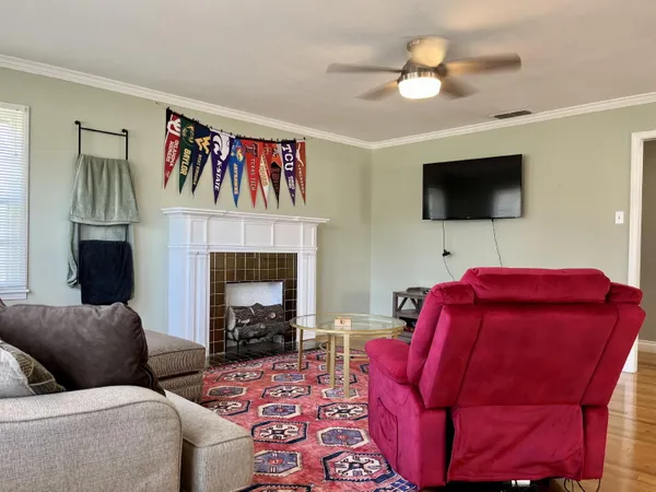 a living room with furniture or couch and a fireplace