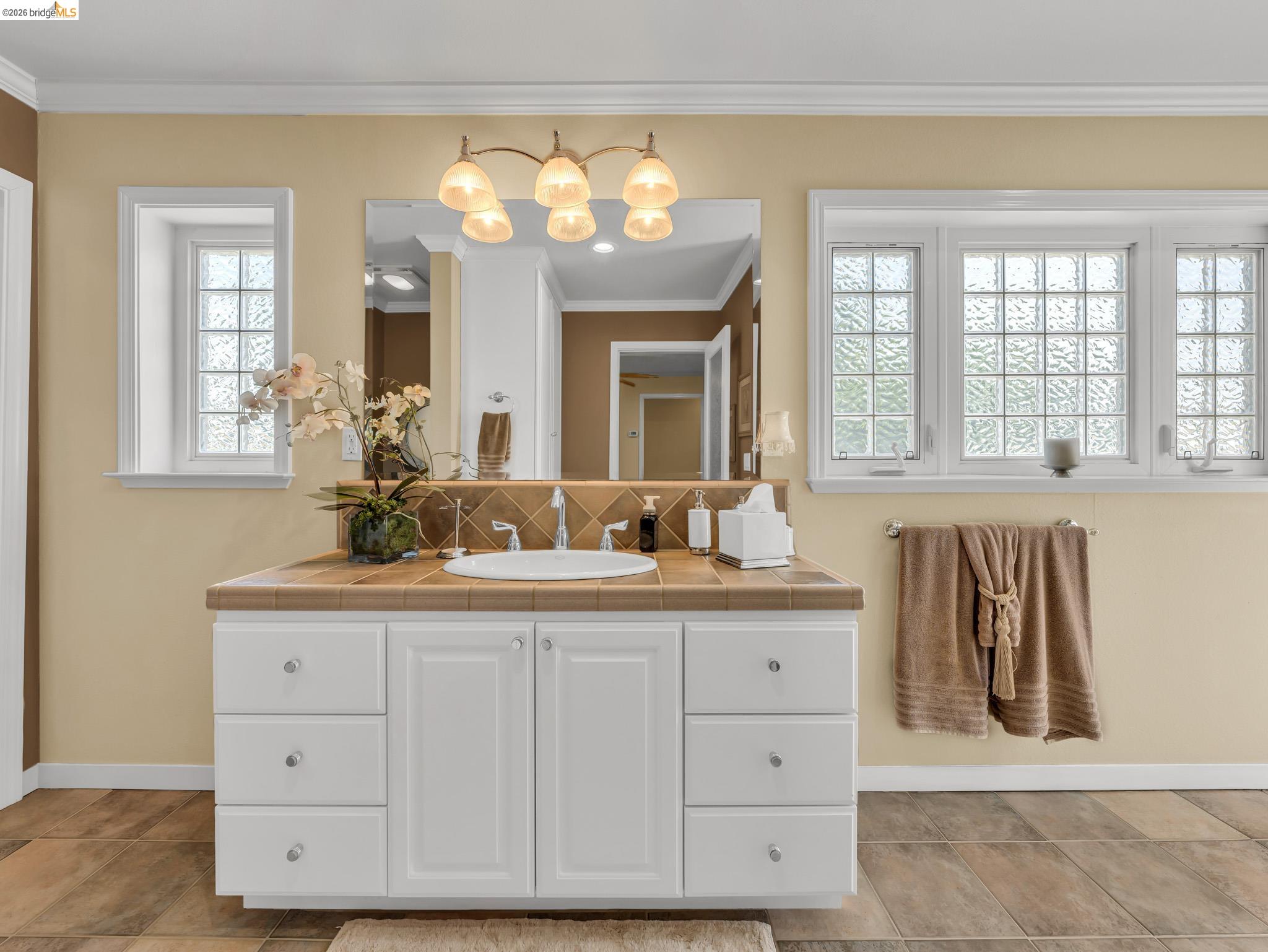 17035 Terminous Road Isleton, CA 95641 - Photo 33 of 48 Bathroom featuring vanity, crown molding, and decorative backsplash