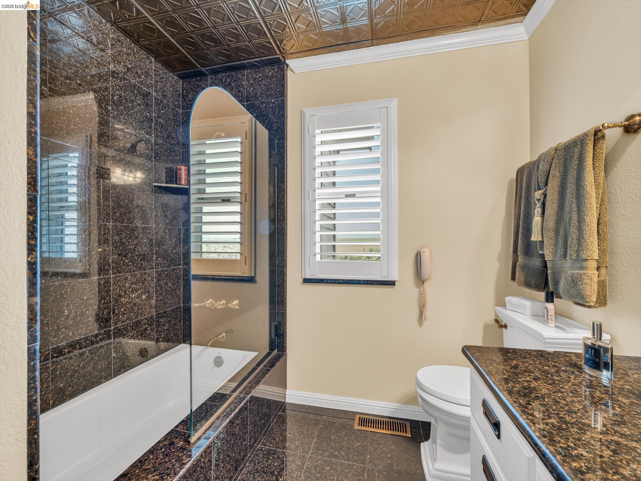 17035 Terminous Road Isleton, CA 95641 - Photo 36 of 48 Bathroom featuring granite tiled floors, an ornate ceiling, crown molding, vanity, and tiled shower / bath combo
