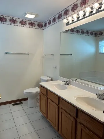 a bathroom with a sink a toilet and mirror