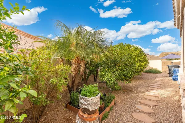 a view of a fountain in the yard