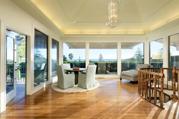 a living room with furniture and a floor to ceiling window