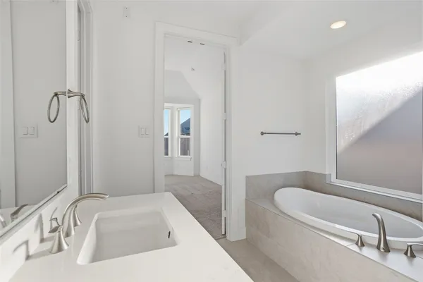 a bathroom with a tub a sink and a large mirror