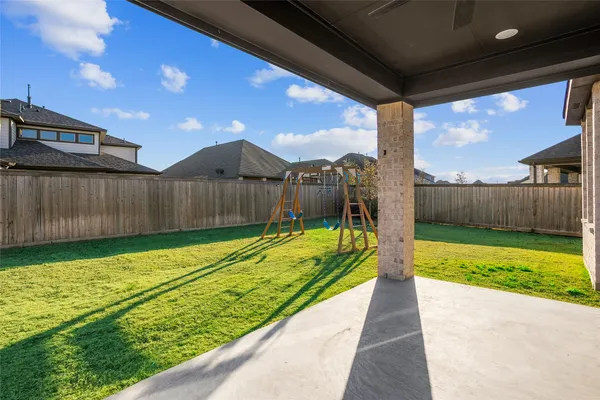 a garden view with a seating space