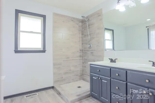 a bathroom with a sink a mirror and a shower