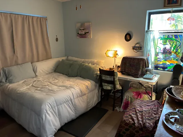a bedroom with a bed and a window
