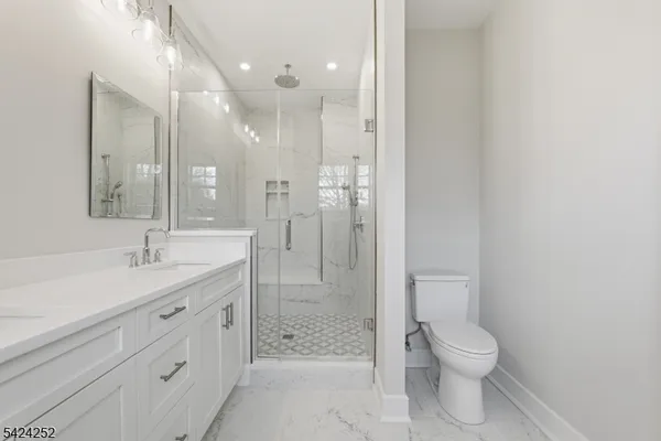 a bathroom with a shower sink vanity mirror and toilet