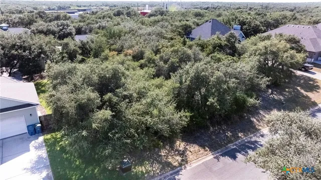 an aerial view of residential house with outdoor space and trees all around