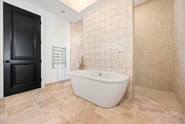 a bathroom with a bathtub and a shower