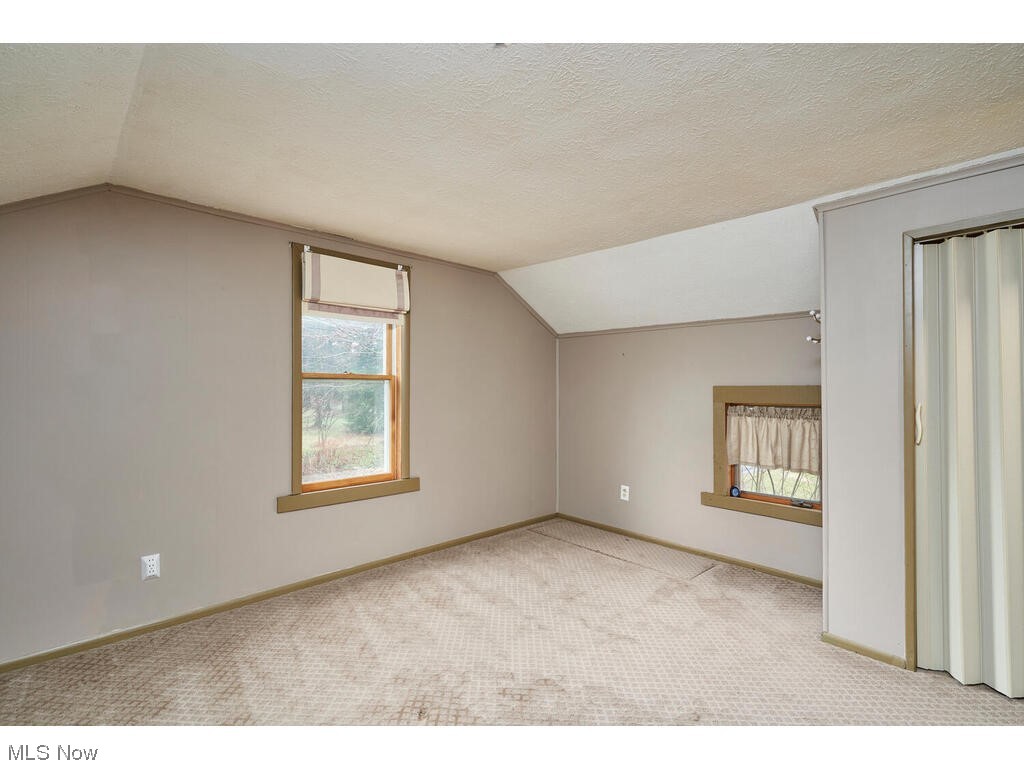 2483 West Comet Road Clinton, OH 44216 - Photo 11 of 30 Additional living space with light colored carpet, a textured ceiling, and vaulted ceiling