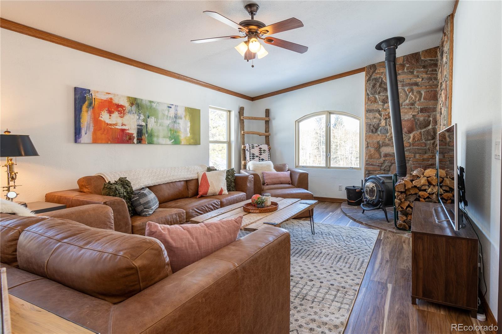 233 Ridge Road Ward, CO 80481 - Photo 8 of 36 a living room with furniture ceiling fan and a rug