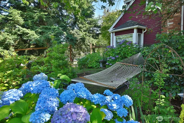 a view of a garden with flowers