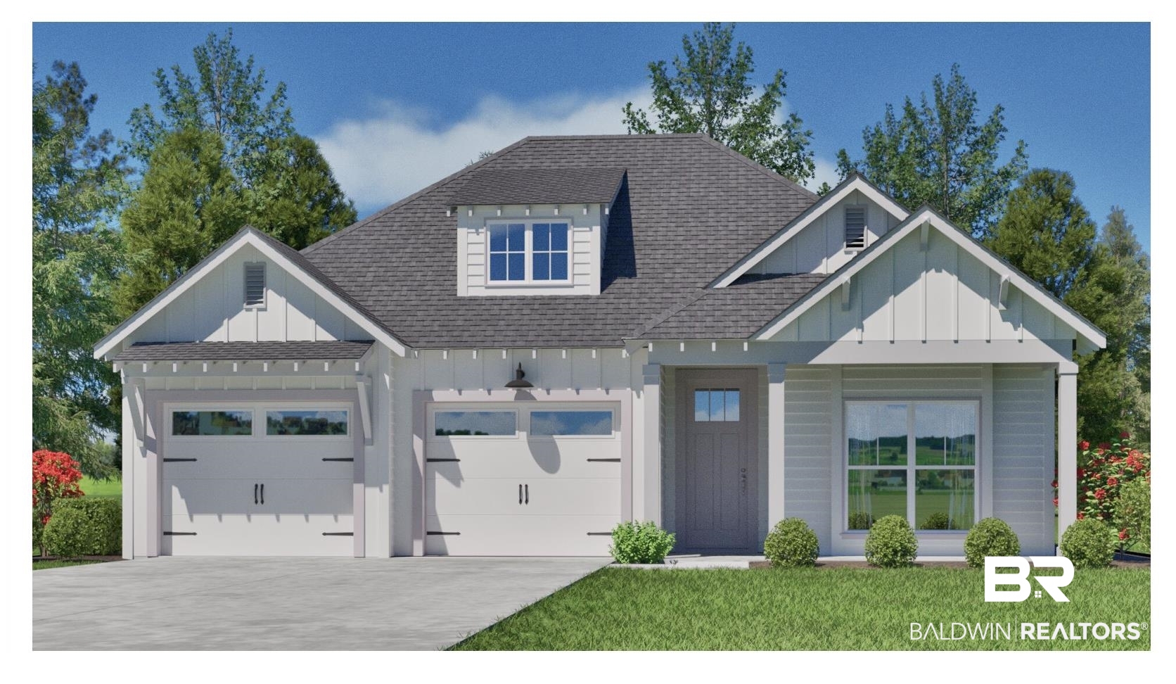27494 Patch Pl Loop Daphne, AL 36526 - Photo 1 of 1 Modern farmhouse with board and batten siding, roof with shingles, a front lawn, concrete driveway, and a garage