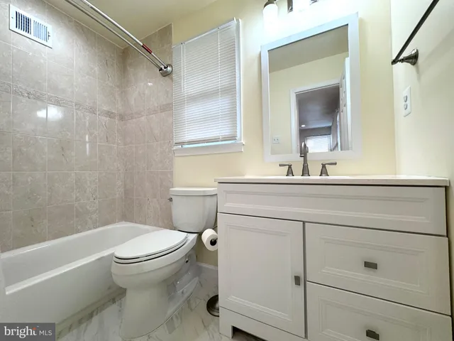 a bathroom with a toilet a sink a mirror a bathtub and vanity