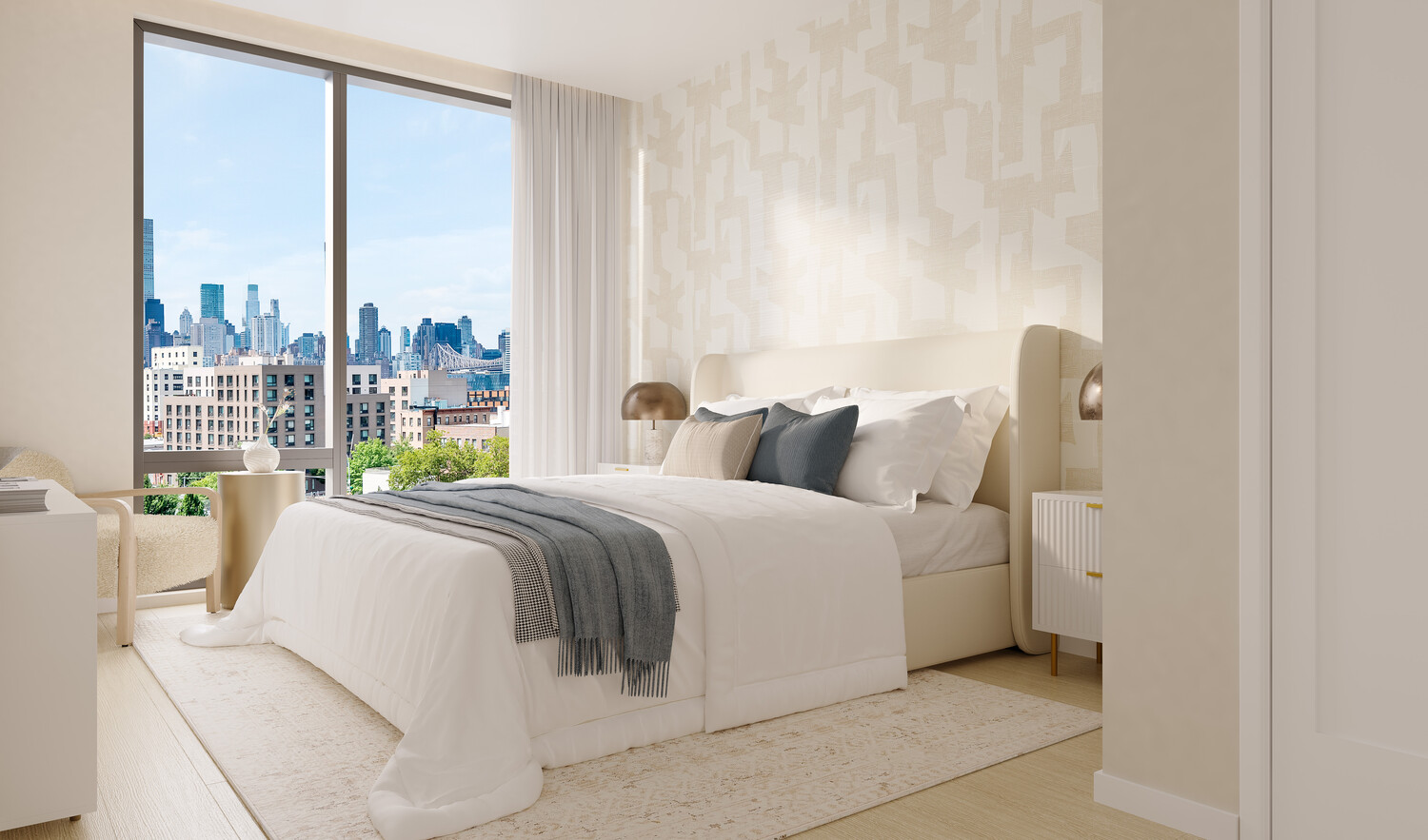 11-36 45th Road, Unit 411B Queens, NY 11101 - Photo 4 of 12 a bedroom with a bed and a large window