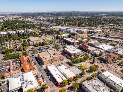 an aerial view of a building with outdoor space