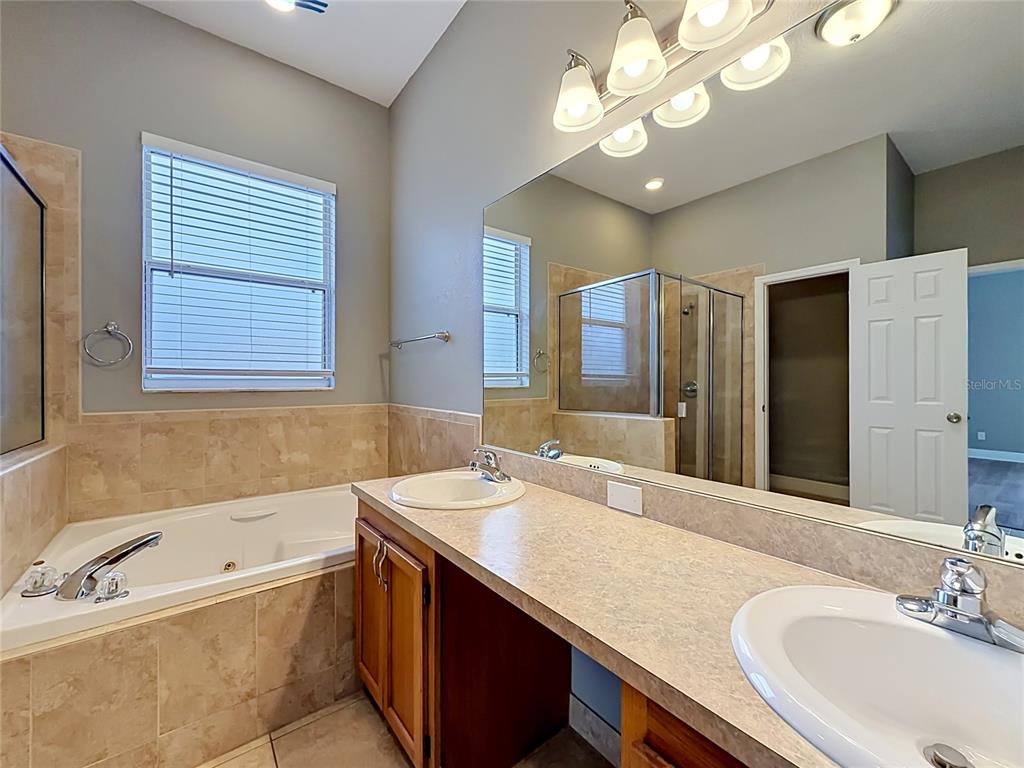 28549 Shirley Shores Road Tavares, FL 32778 - Photo 46 of 65 a bathroom with a granite countertop sink a large mirror and a bathtub