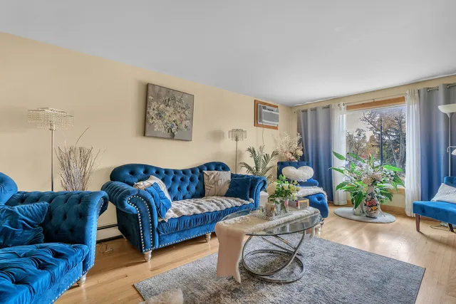 a living room with furniture potted plant and a window