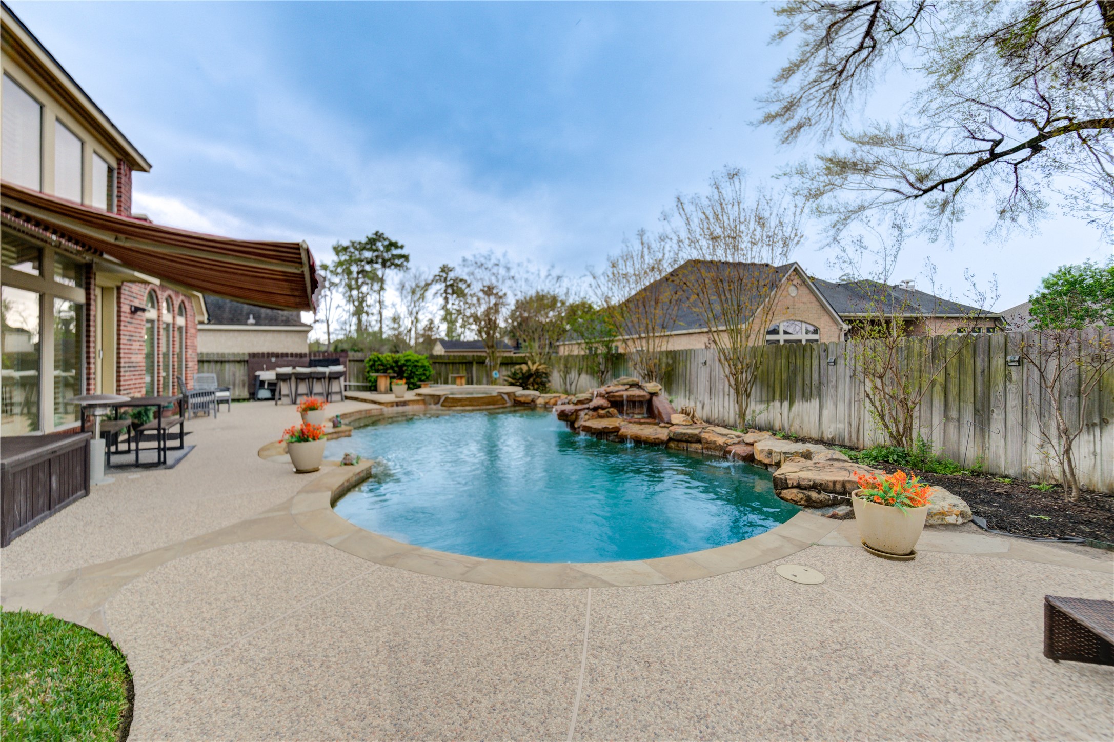 an outdoor space with seating