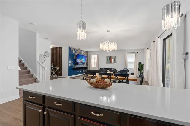 a view of a dining room with furniture
