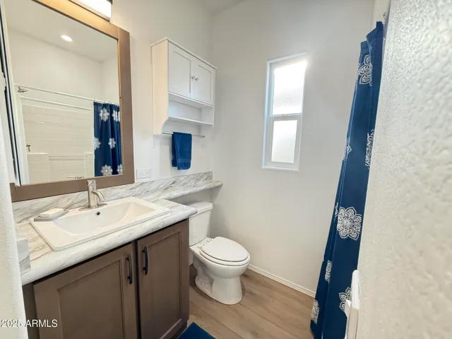 a bathroom with a sink a toilet a mirror and vanity