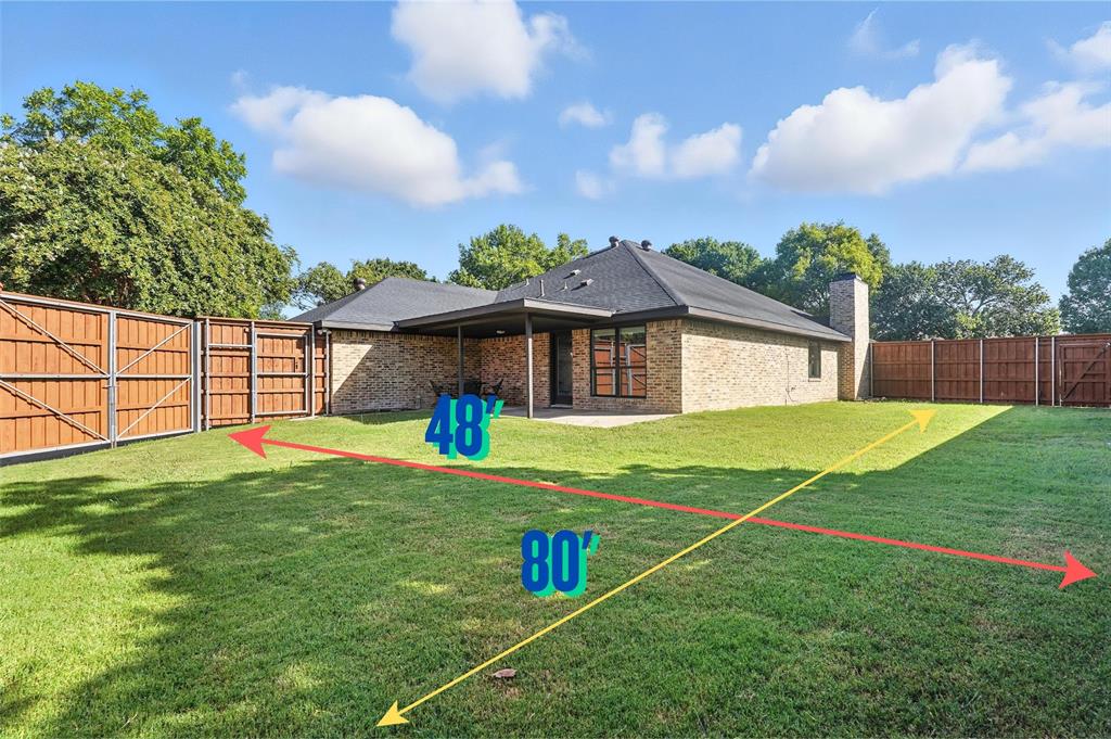 1402 Country Lane Allen, TX 75002 - Photo 3 of 39 Back of house featuring a gate, a fenced backyard, a patio area, a chimney, and brick siding