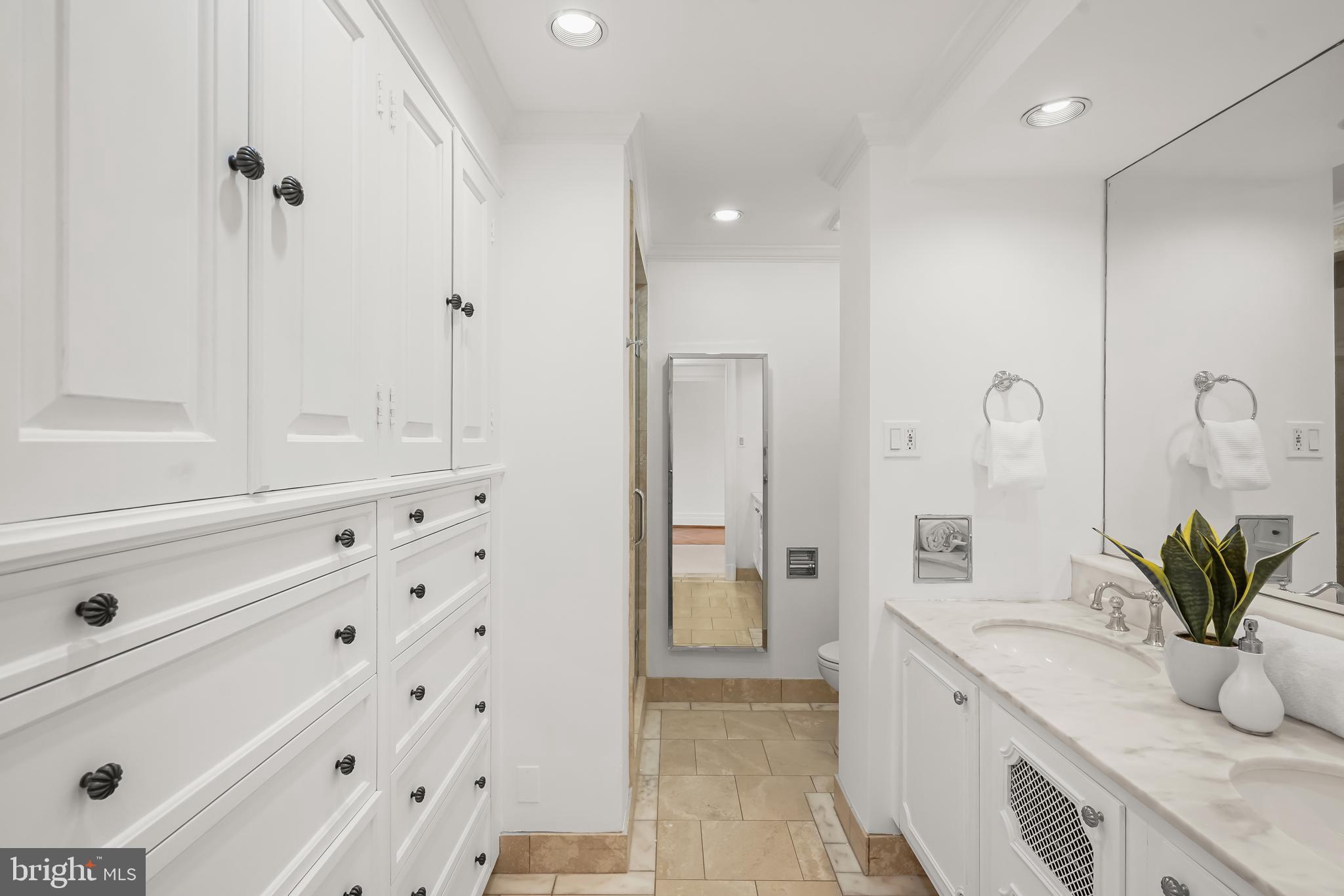 2700 Calvert Street Northwest, Unit 416 Washington, DC 20008 - Photo 24 of 33 a bathroom with a double vanity sink a mirror and a shower