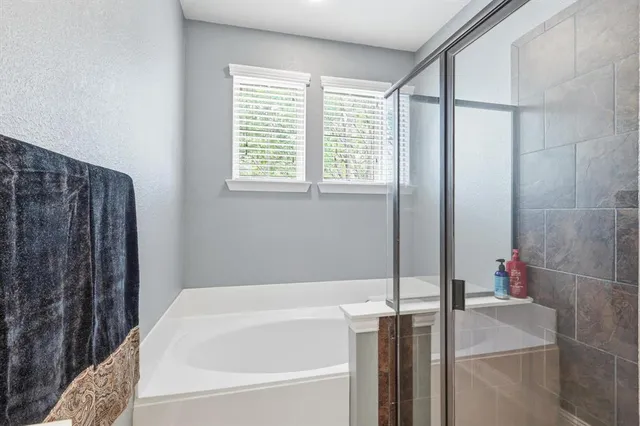 a bathroom with a bathtub and a shower