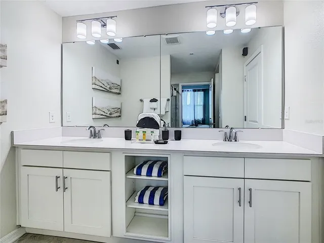 a bathroom with a sink vanity and a mirror