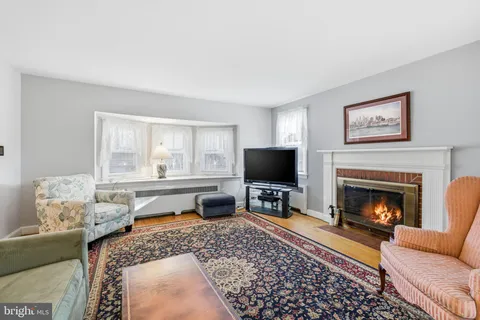 a living room with furniture wooden floor and a fireplace