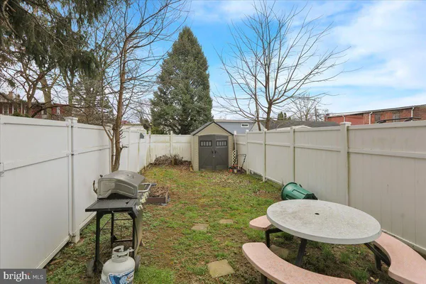 a backyard of a house with table and chairs