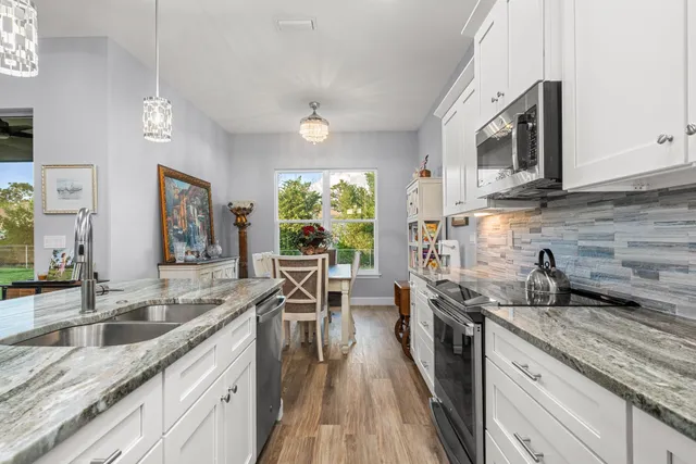 a view of a house with a yard and potted plants