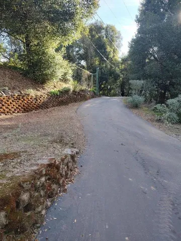 a view of a dirt road with trees