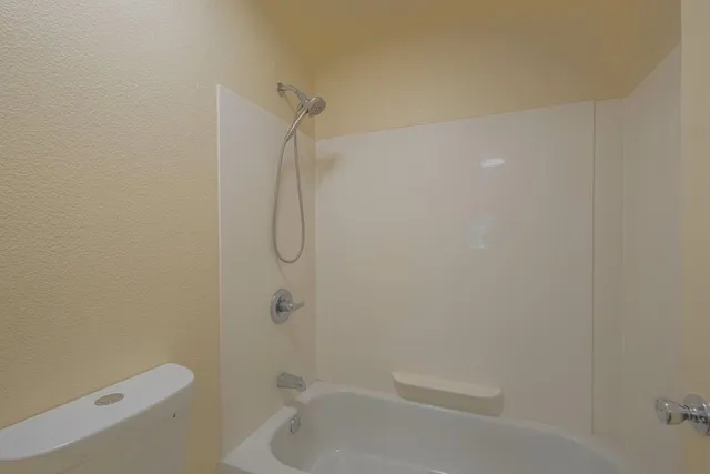 a bathroom with a shower and a toilet
