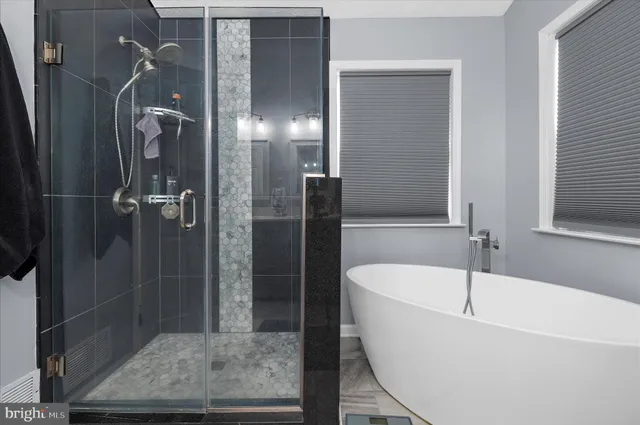 a bathroom with a bathtub and a shower