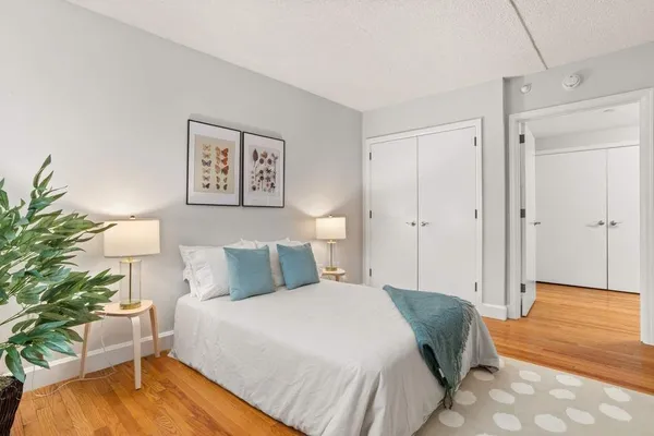 a bedroom with a bed and a potted plant