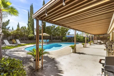 a view of a backyard with swimming pool