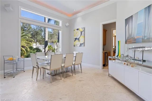 a view of a dining room with furniture window and outside view