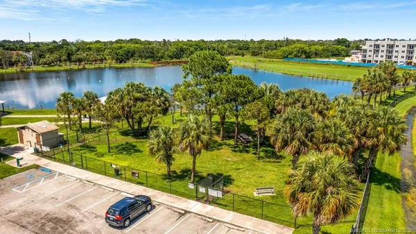 a view of a lake with a city