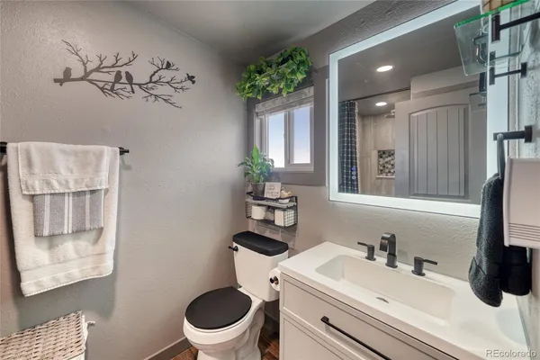 a bathroom with a sink a toilet and a mirror