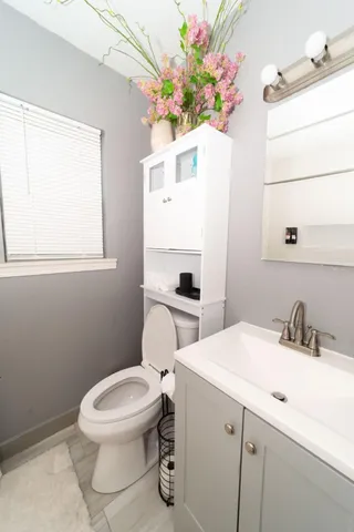 a bathroom with a sink a toilet and a mirror