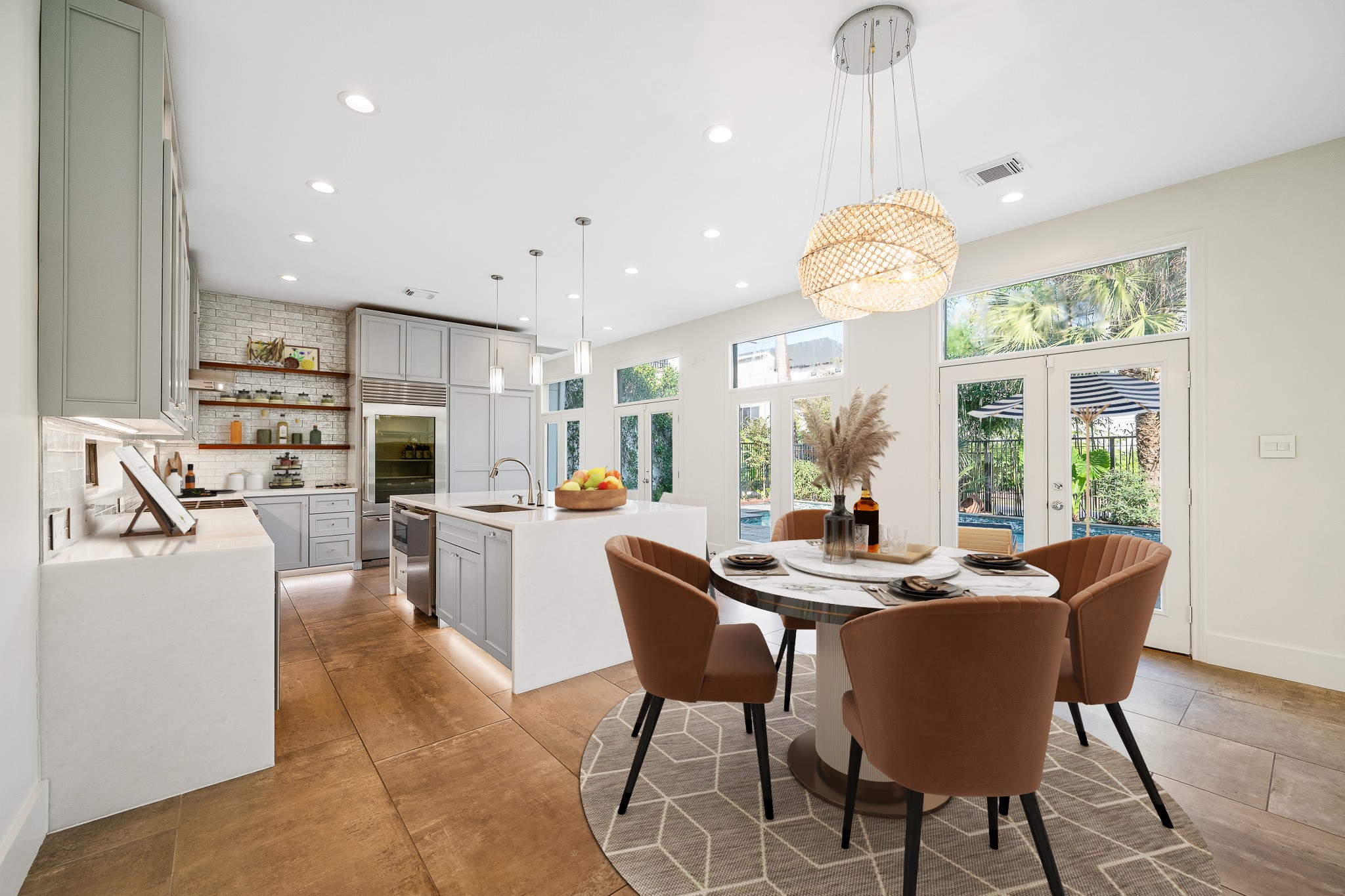 235 Malone Street Houston, TX 77007 - Photo 11 of 46 a dining room filled a chandelier a kitchen view and stainless steel appliances