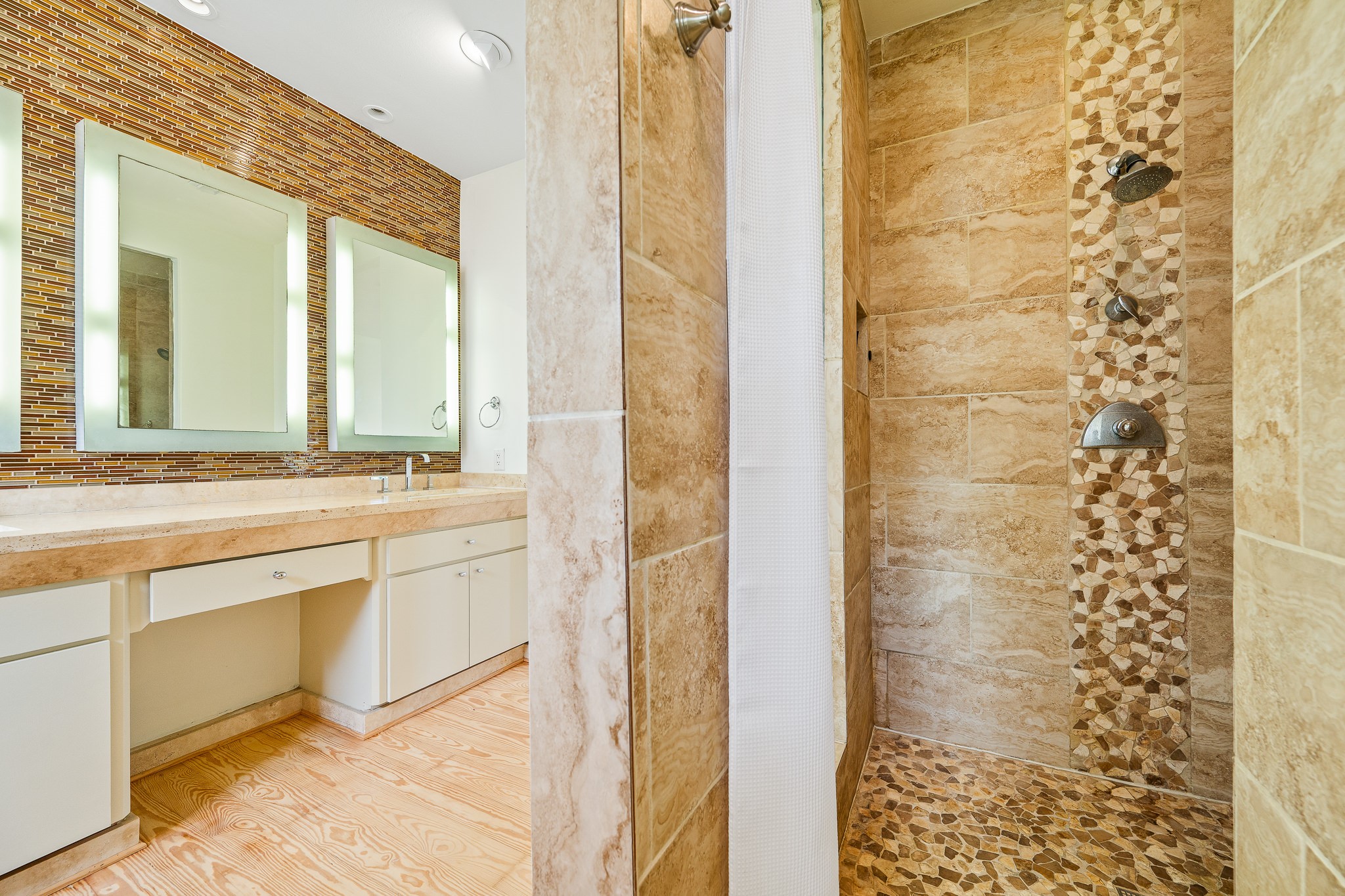 235 Malone Street Houston, TX 77007 - Photo 37 of 46 a bathroom with a granite countertop sink a mirror and a shower