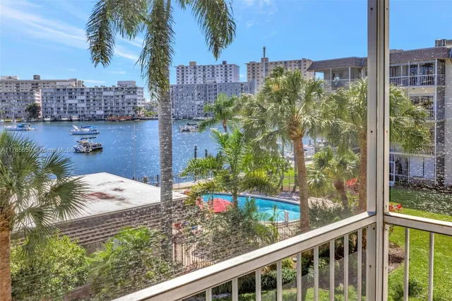 a view of a building from a balcony