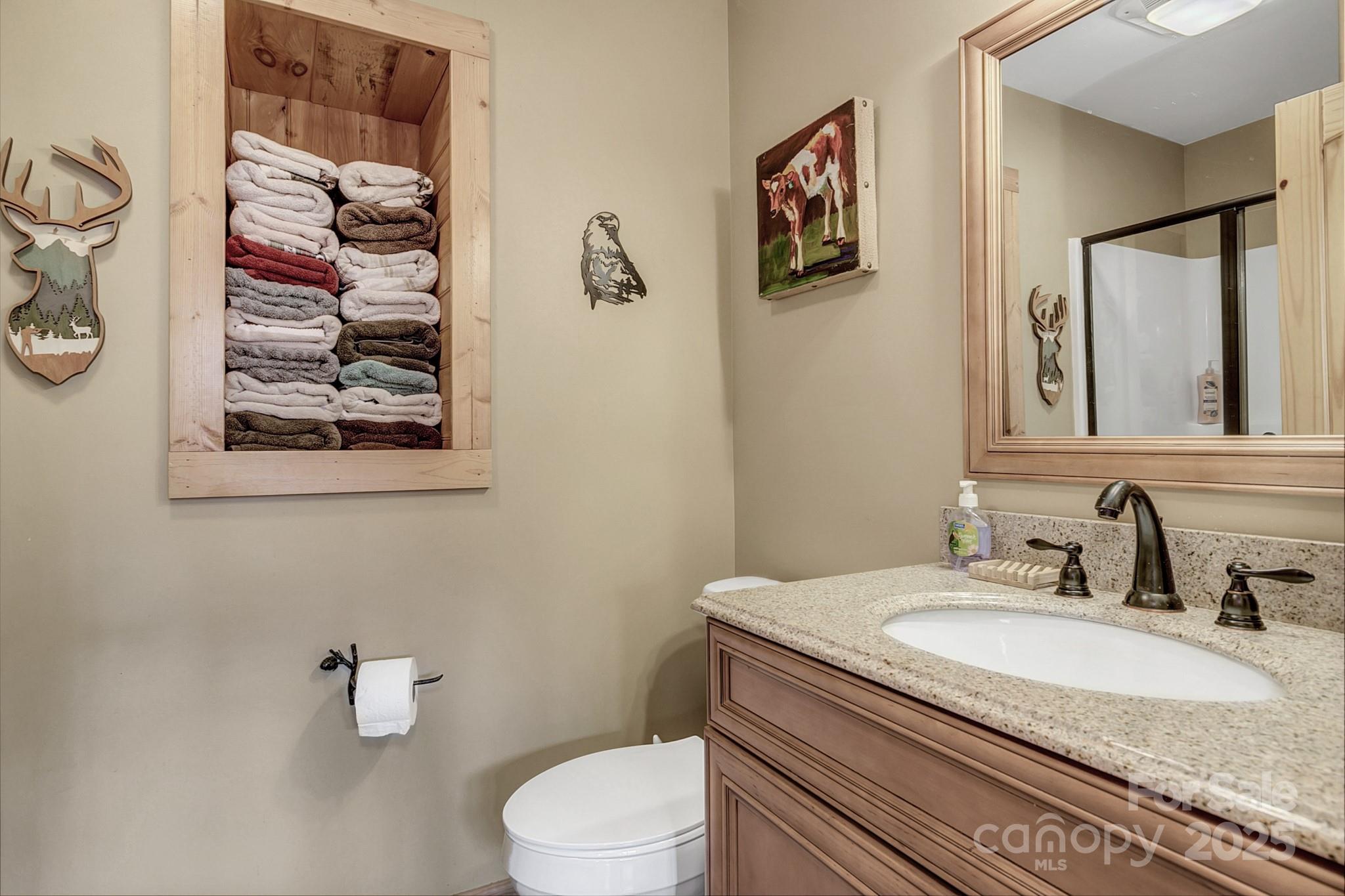 120 Sweetbriar Road North Lake Lure, NC 28746 - Photo 30 of 45 a bathroom with a granite countertop toilet sink and mirror