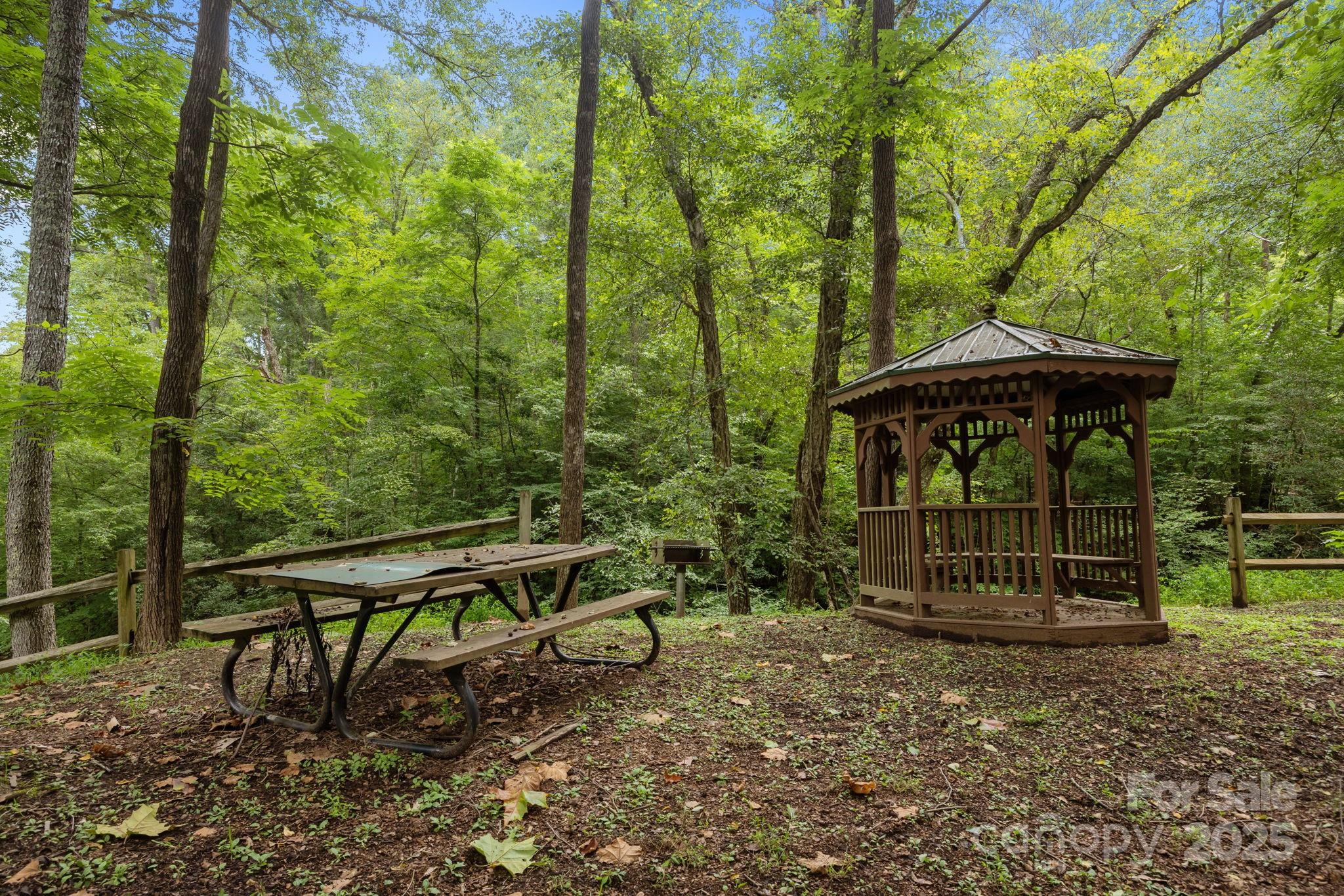 120 Sweetbriar Road North Lake Lure, NC 28746 - Photo 43 of 45 a backyard of a house with wooden fence and large trees