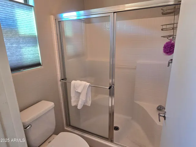 a bathroom with a shower and a toilet